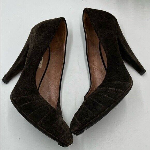 Prada Vintage Brown Suede Pumps Heels Size 37/6.5 With Toe Taps Cone Pleats Sole - Picture 6 of 16